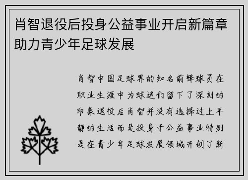 肖智退役后投身公益事业开启新篇章助力青少年足球发展 肖智退役后投身公益事业开启新篇章助力青少年足球发展