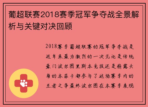 葡超联赛2018赛季冠军争夺战全景解析与关键对决回顾 葡超联赛2018赛季冠军争夺战全景解析与关键对决回顾